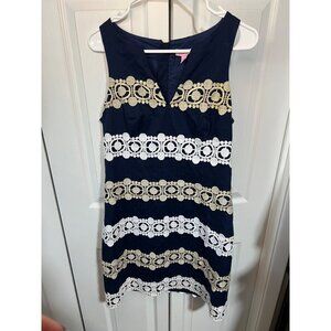 Lilly Pulitzer Navy & White Dress With Gold Embroidered Stripes Size 6